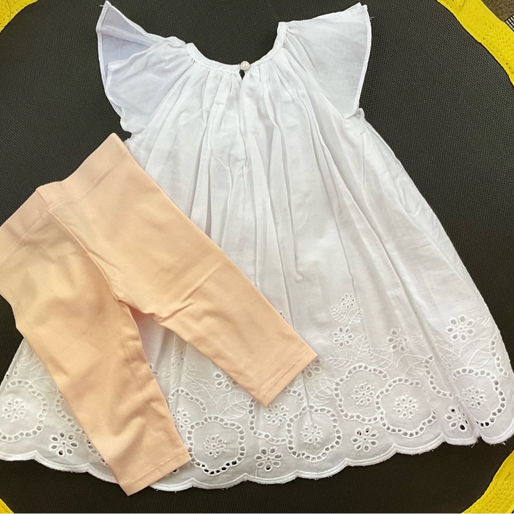 Tahari Baby Outfit - White Tunic with eyelet embroidery and Pink Leggings